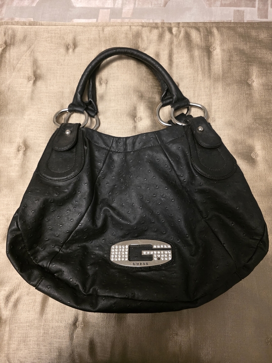 Guess Handbags - GUESS Black Women's Shoulder Bag Rhinestone Logo Accent Silver Hardware Ostrich